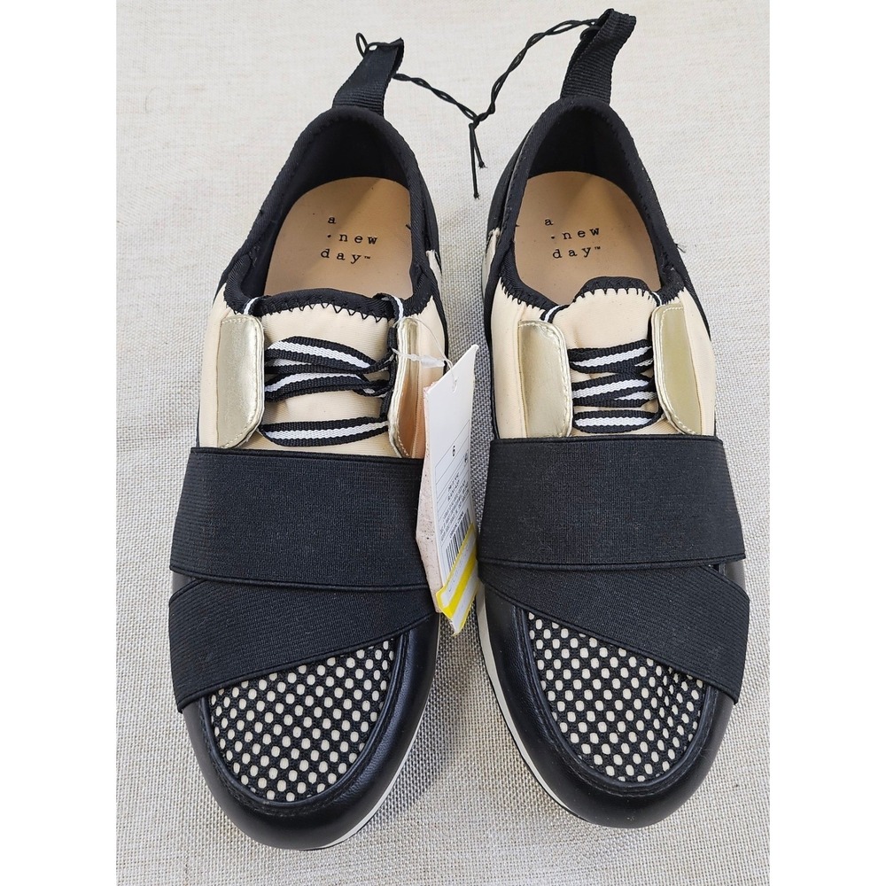 A New Day Black Lacey White Elastic Strap Slip On‎ Sneakers Women's Size 11